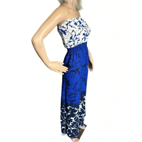 AQUA Blue Navy Floral Long Strapless Boho Slit Maxi Dress Smocked Size XS - Picture 3 of 10